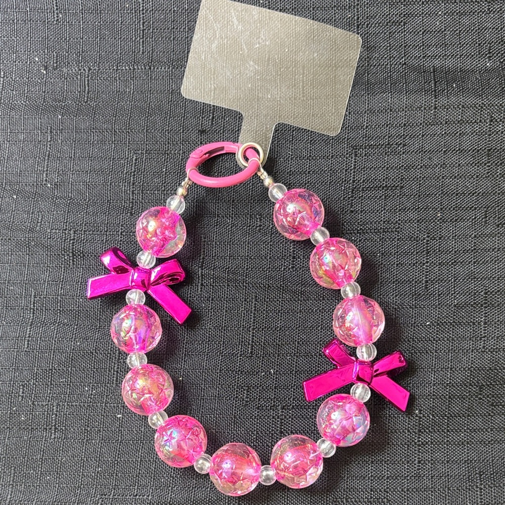 💕Pink Beaded Keychain/Phone wrist with Bows 💕